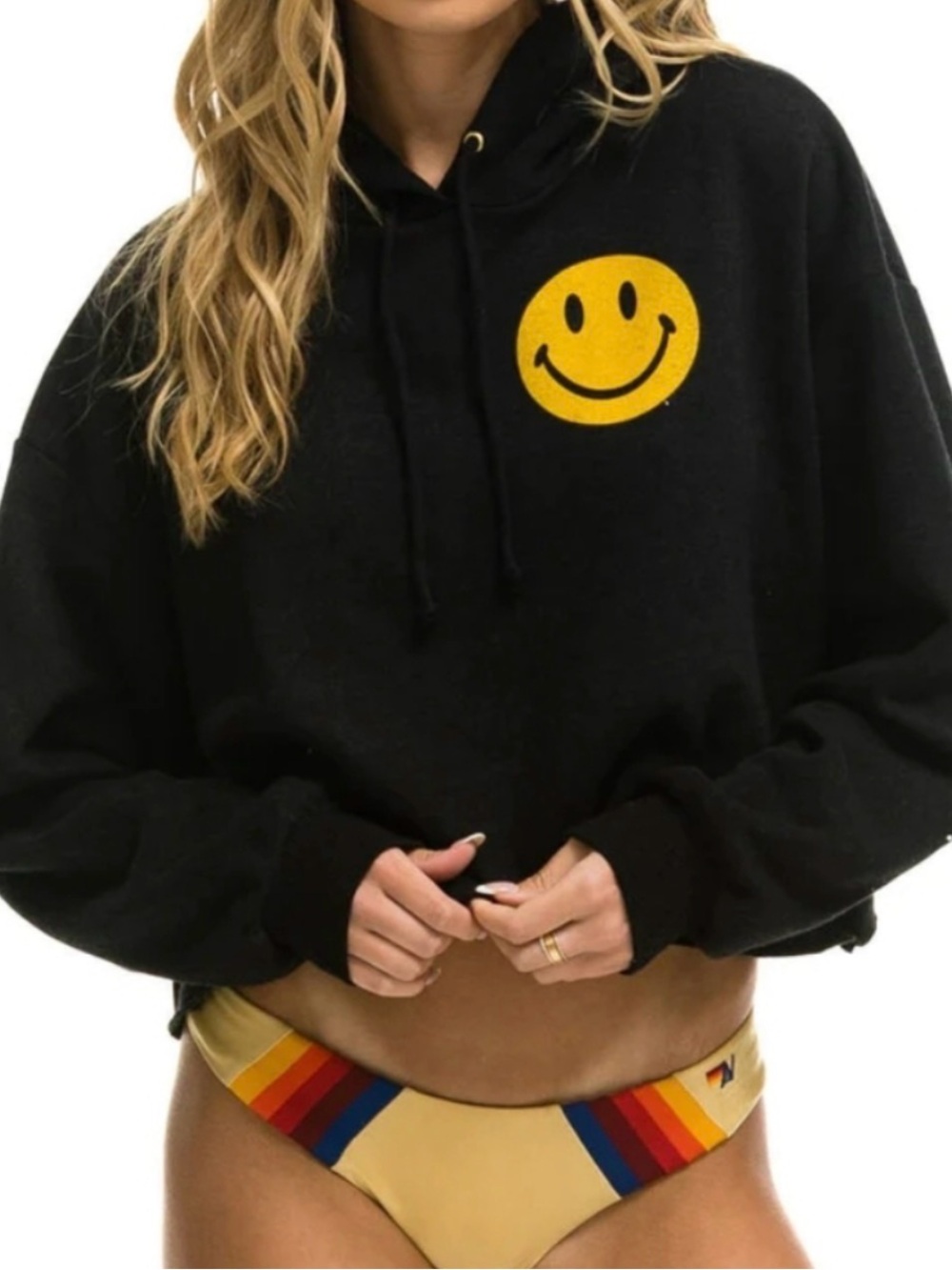 Aviator Nation Smiley Face Cropped Hoodie Black Relaxed Pullover USA XS